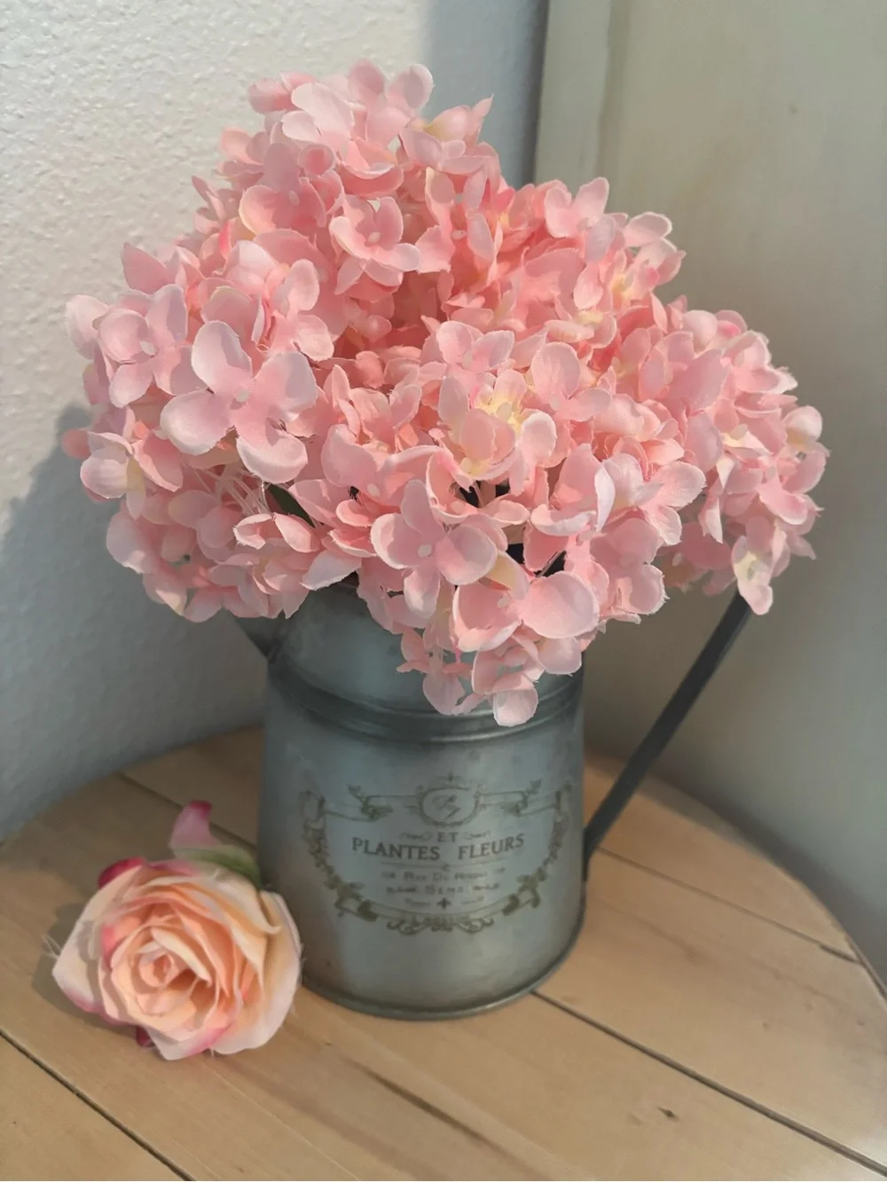 Hand Crafted Soft Pink Hydrangea Bouquet in Metal Pitcher Final Sale